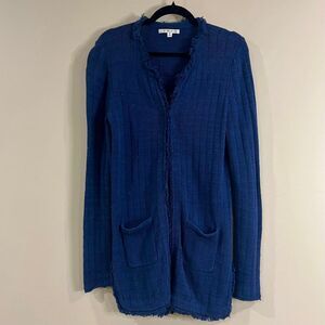 Cabi Blue Ribbed Knit Speckled Fringe Cardigan size Small